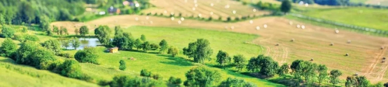 Aerial view of a potential development land with a mix of green fields, trees, a pond, and hay bales in the distance.