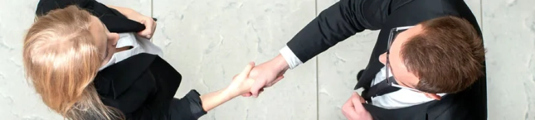 Two professionals in business suits shaking hands 