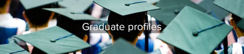 Graduates wearing caps at a commencement ceremony with the text "Graduate profiles" above.