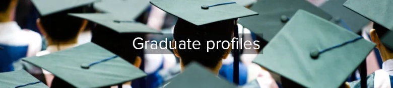 Graduates wearing caps at a commencement ceremony with the text 'Graduate profiles' displayed above.